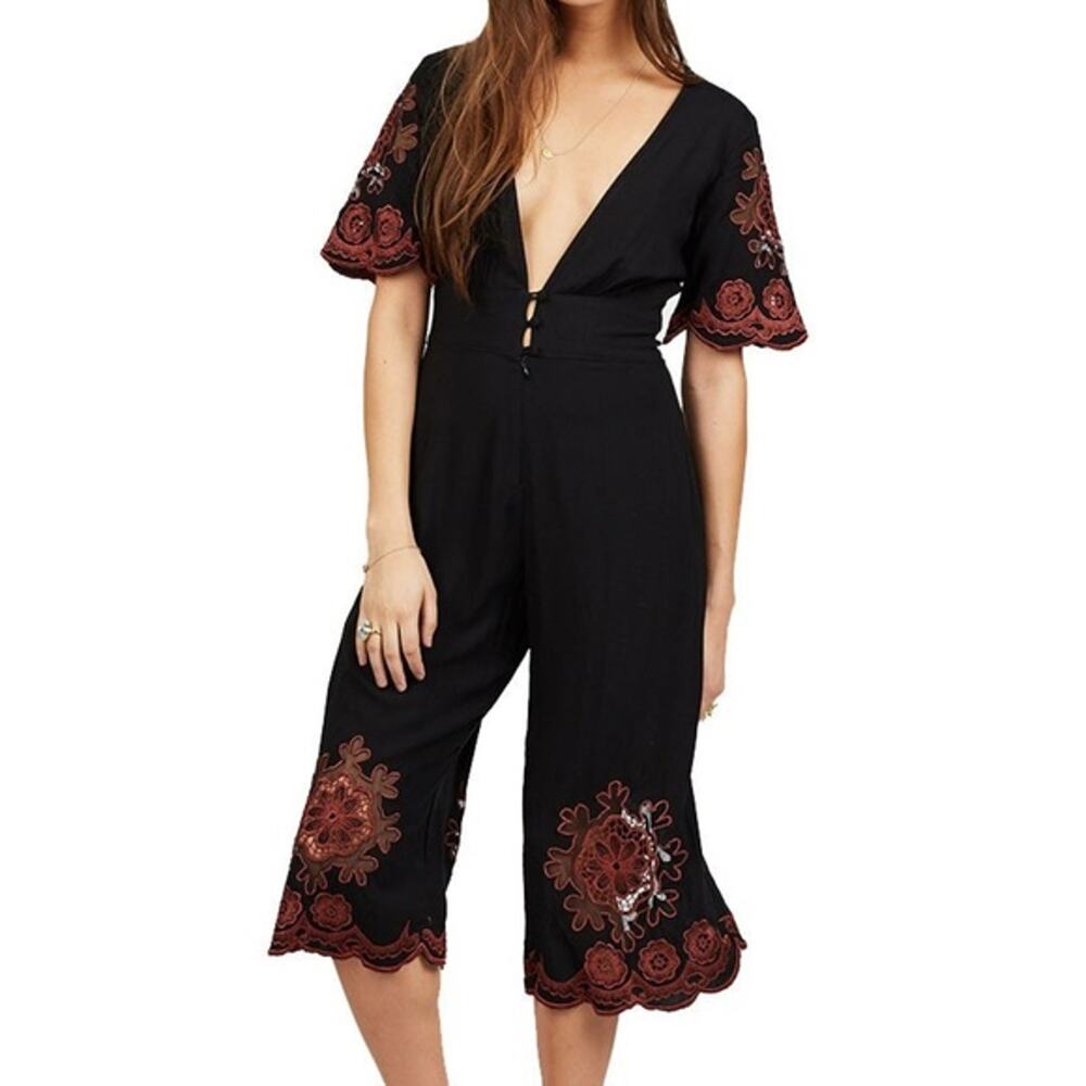 Cleobella Eve Embroidered Jumpsuit XS 0 2 Crochet Black Boho Festival Western